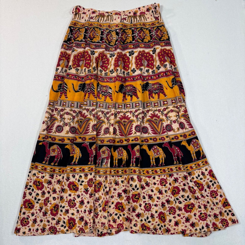 Bohemian Maxi Skirt with Elephant Print - Mustard & Black